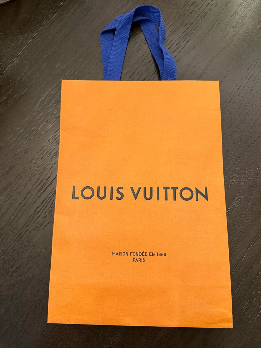 Authentic Louis Vuitton Orange Shopping Bag with Blue Handles